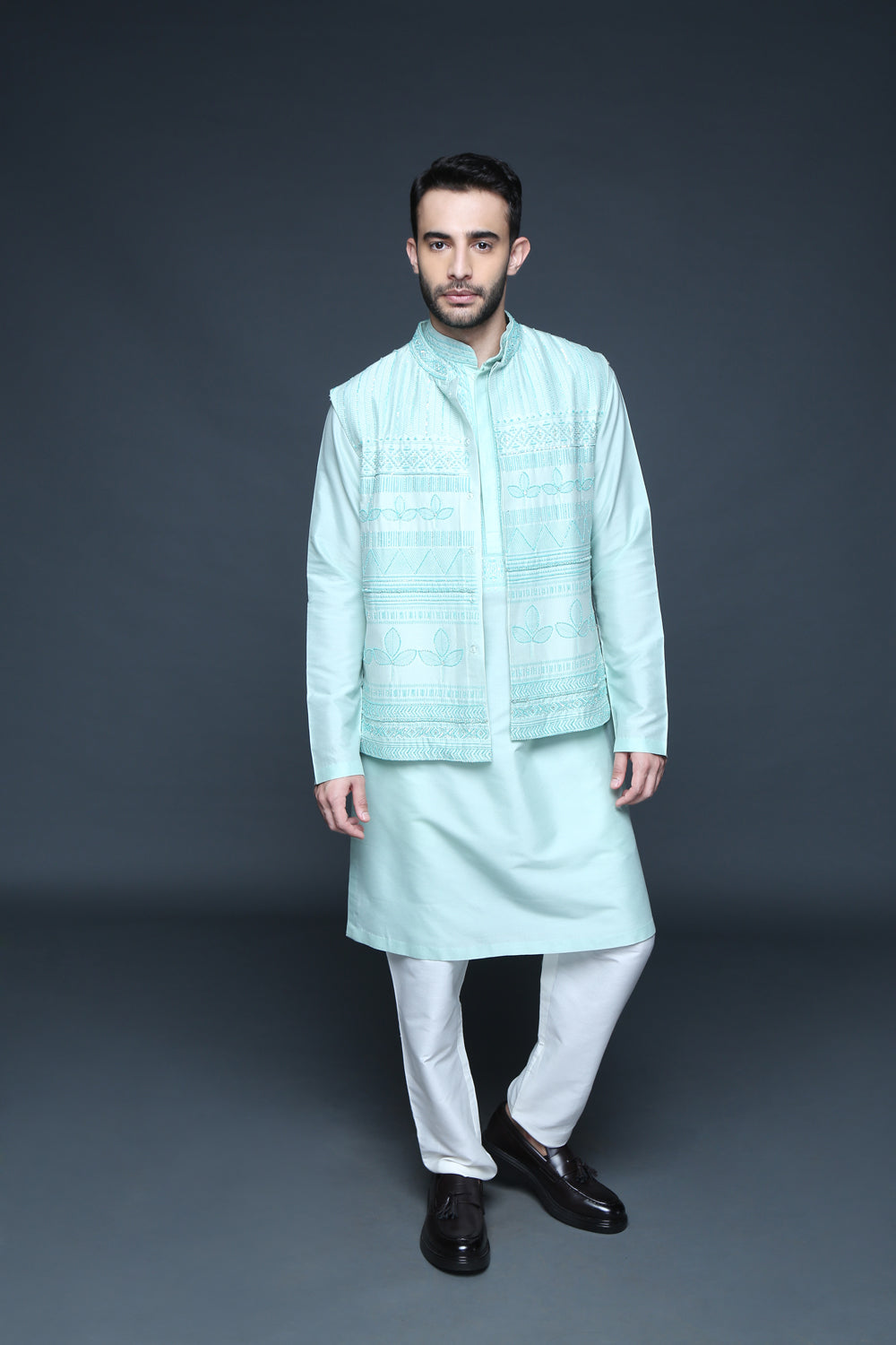 Sea Green Hand Block Printed Embroidered Bundi Kurta Set