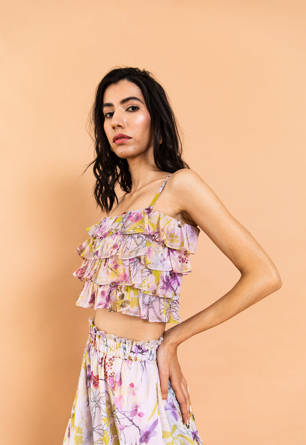 Printed Juliet Square Voila Ruffle Crop Top