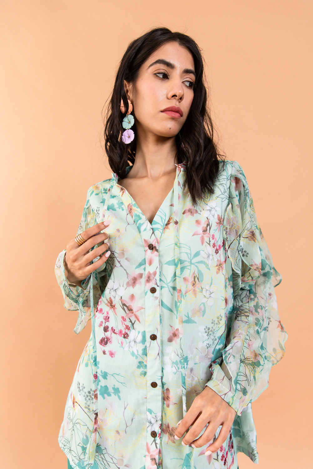 Printed Catmint Amberlyn Ruffle Shirt