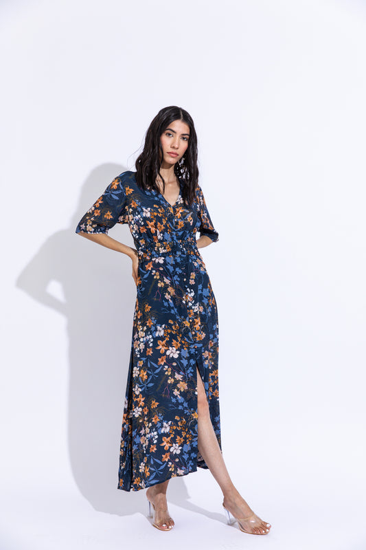 Printed Lupine V Neck Kerry Dress