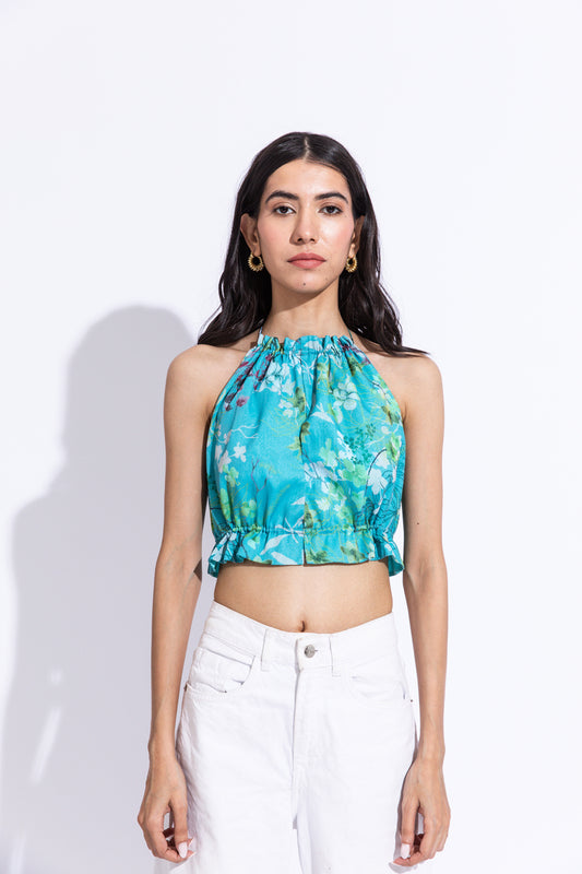 Printed Halter Anise Floral Crop Top