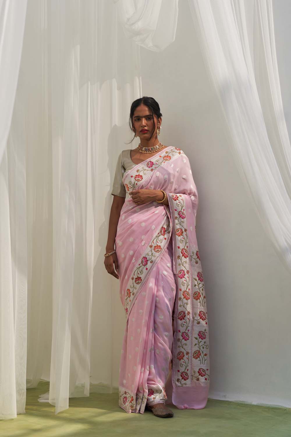 Silver polka dots saree