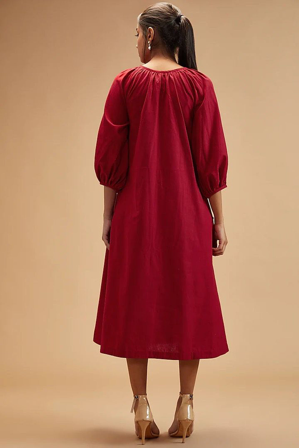 Red Handloom Cotton Solid Round Front Tie Dress