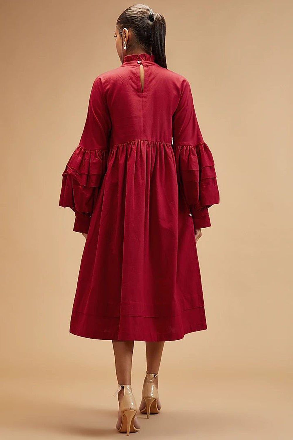 Red Handloom Cotton Ruffled Neck Puffed Sleeve Dress