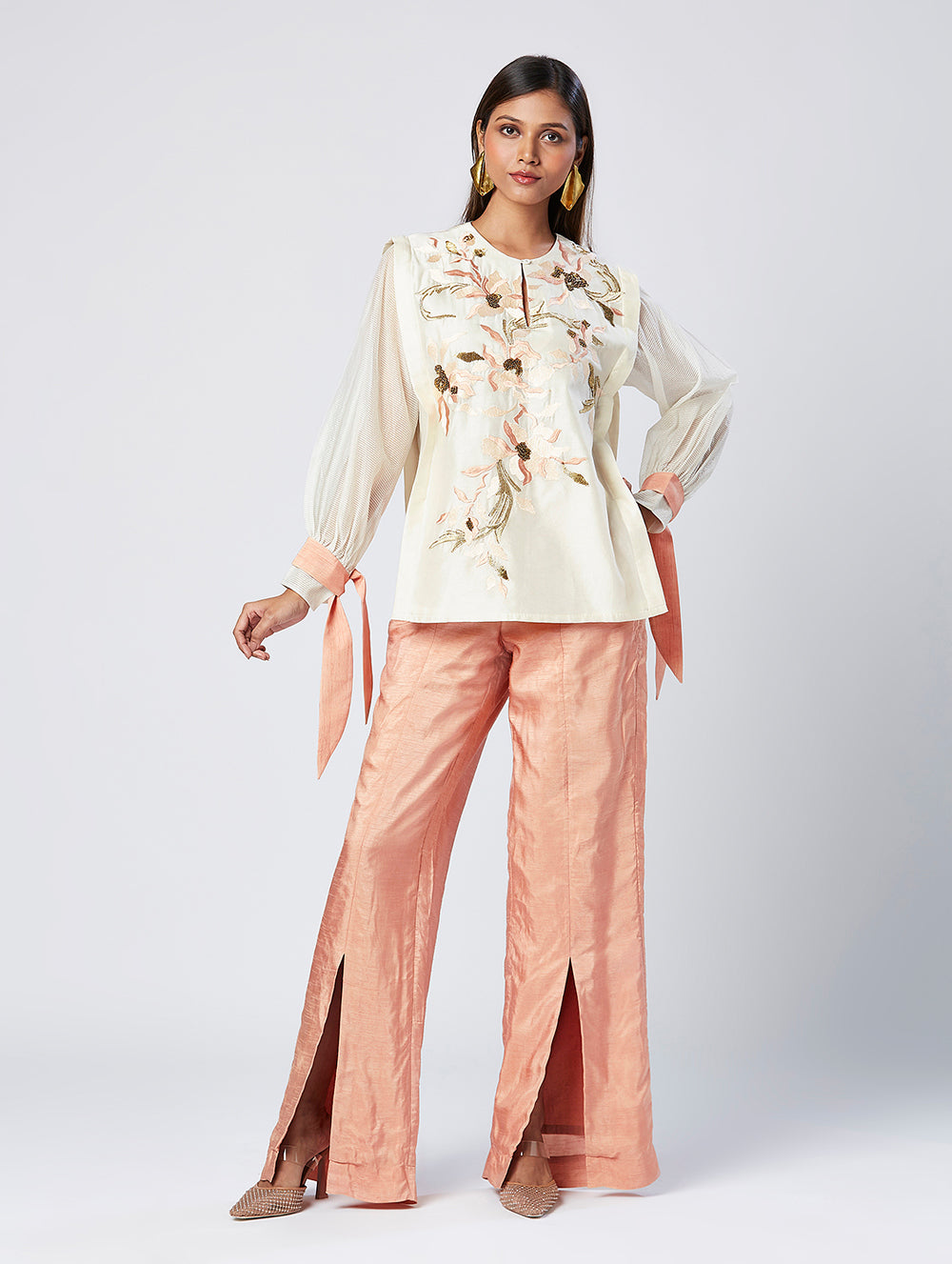 Embroidered Panelled Top And Pant Set