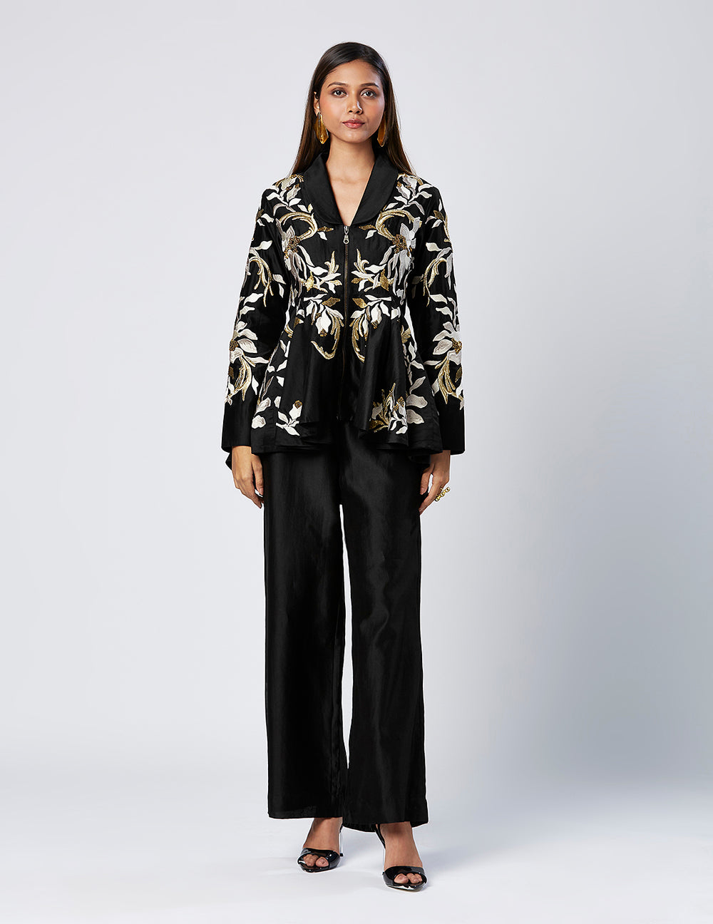 Embroidered Peplum Top And Pant Set