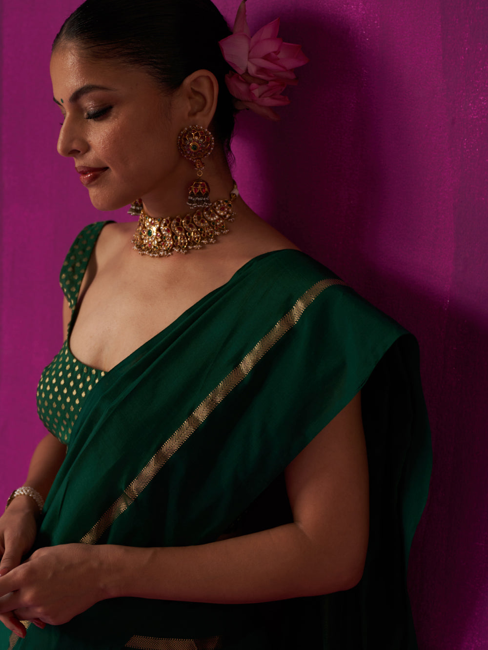 Green Gold Stripes On Pallu Saree