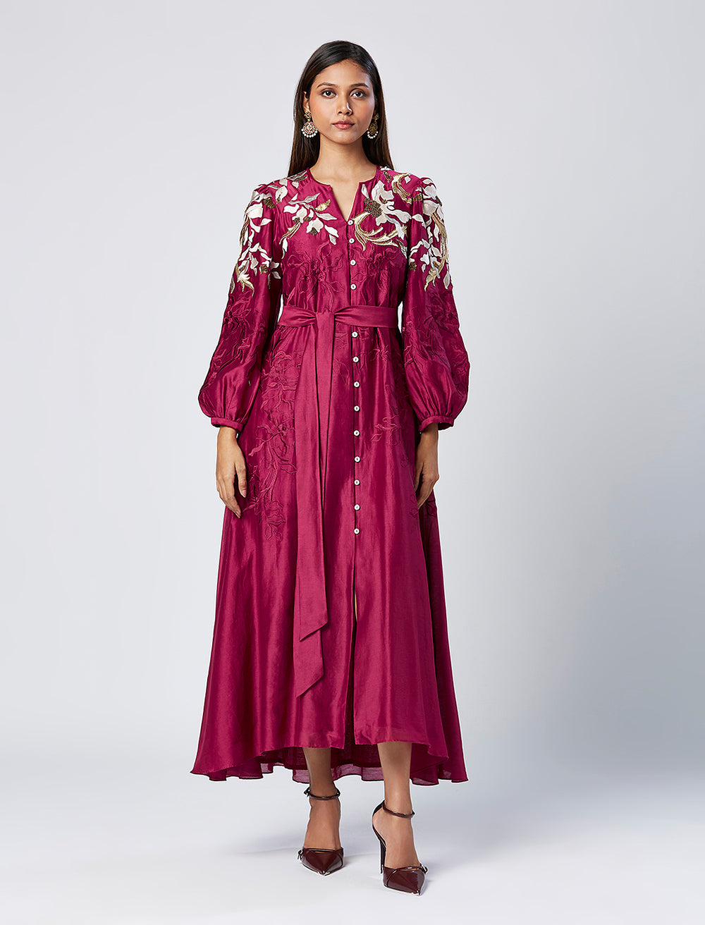 Embroidered Long Dress With Belt