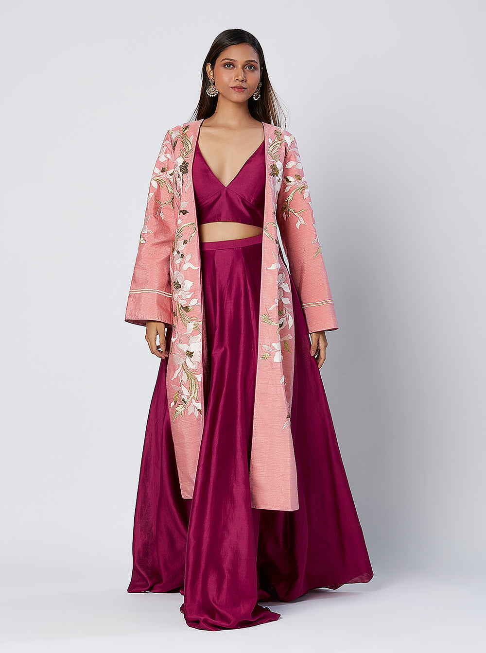 Embroidered Jacket And Solid Skirt Set