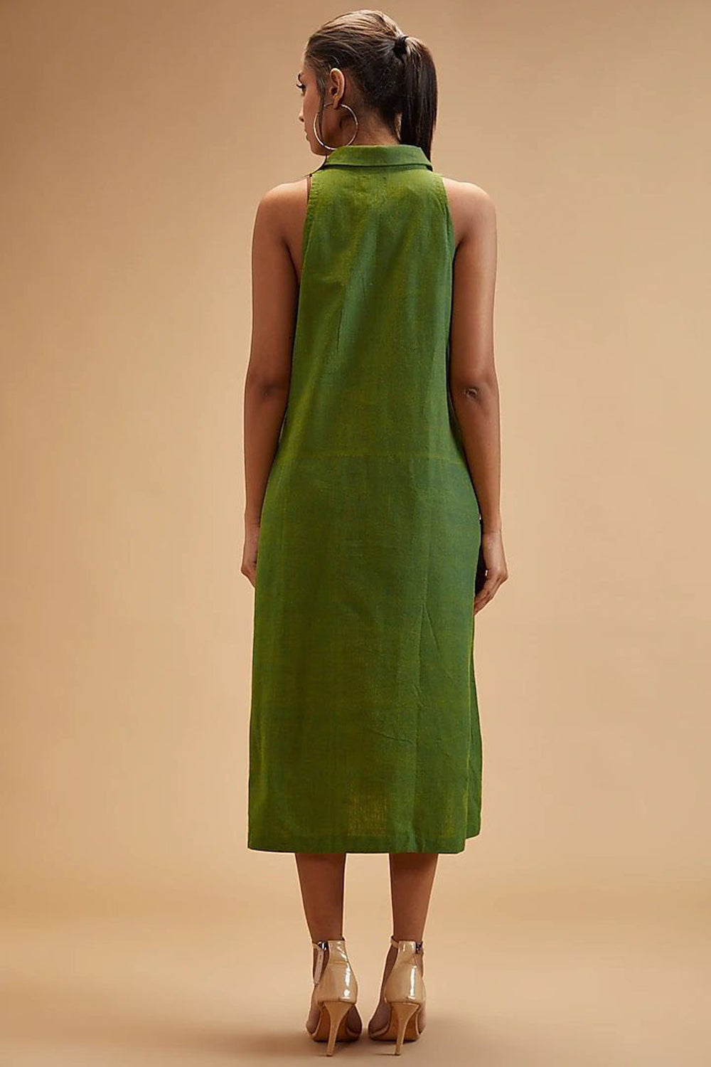 Green Handloom Cotton Plain Collared Neck Dress