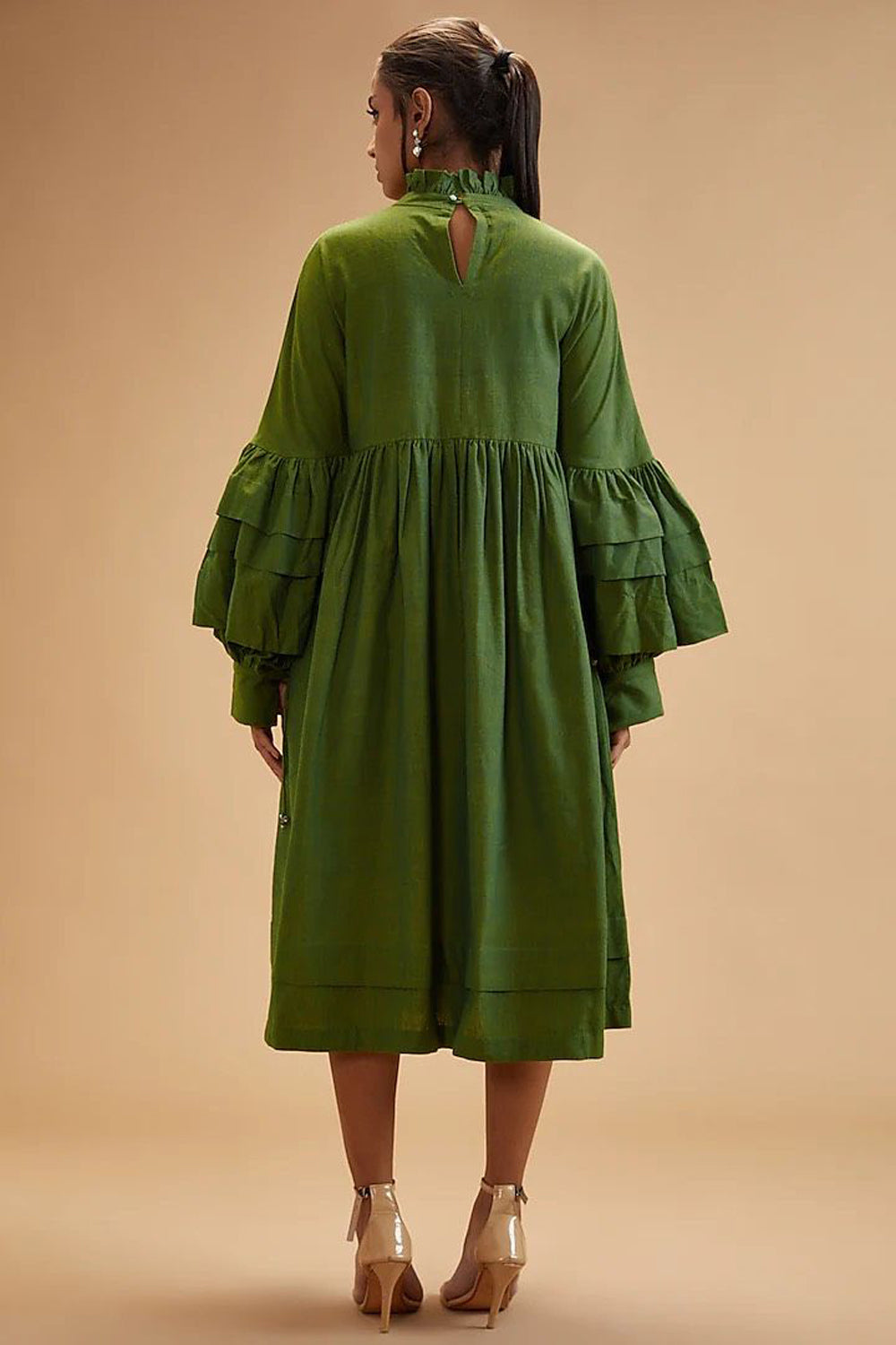 Green Handloom Cotton Solid Ruffle Puff Sleeve Dress For Women