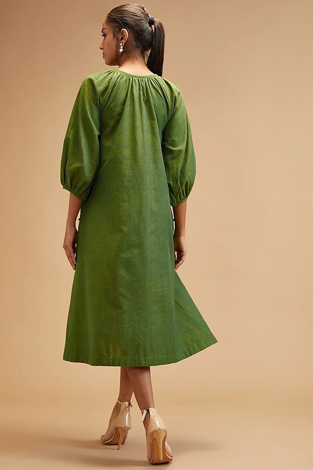 Green Handloom Cotton Solid Round Front Tie Dress