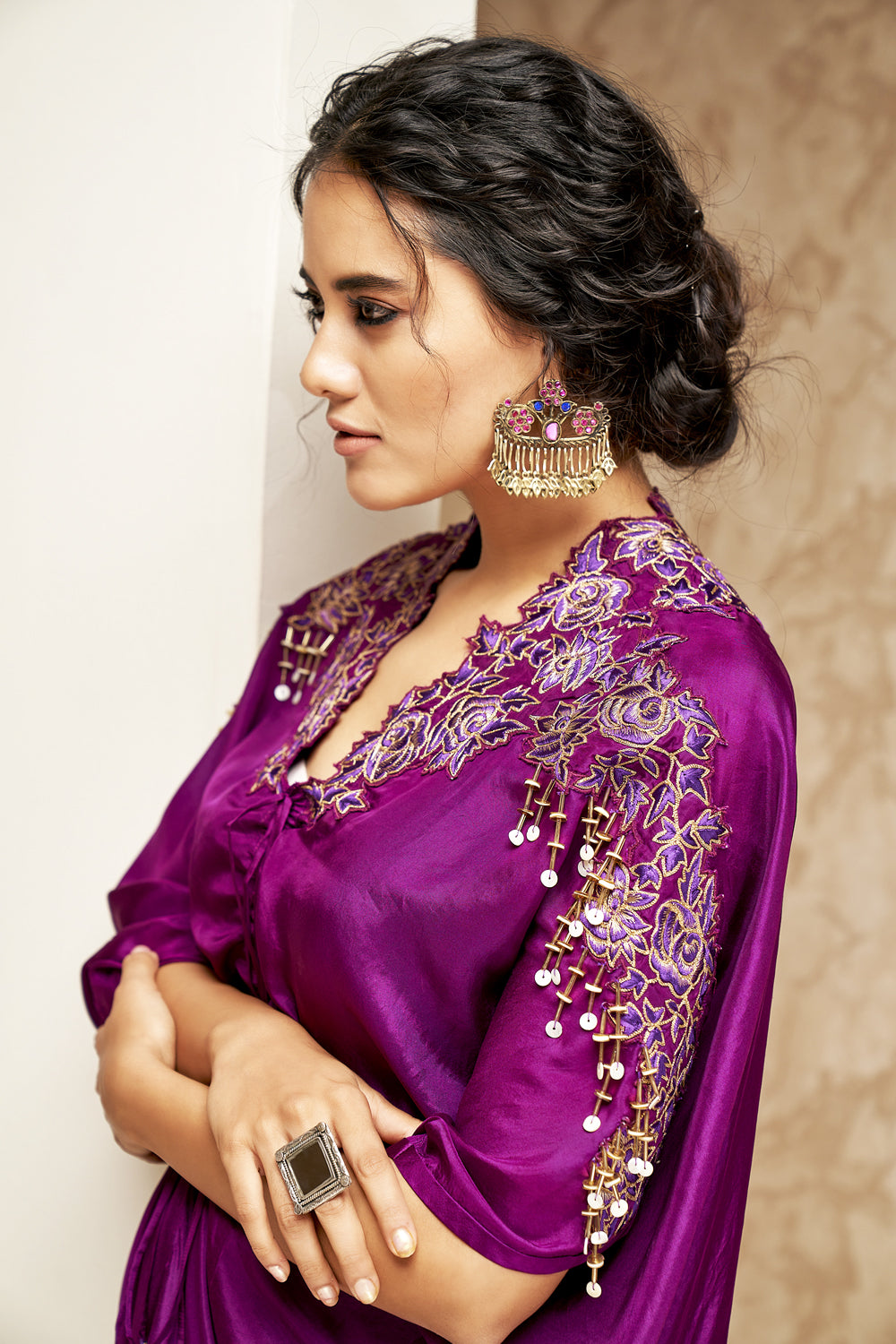 Embroidered Kaftan with Center Front Drawstring