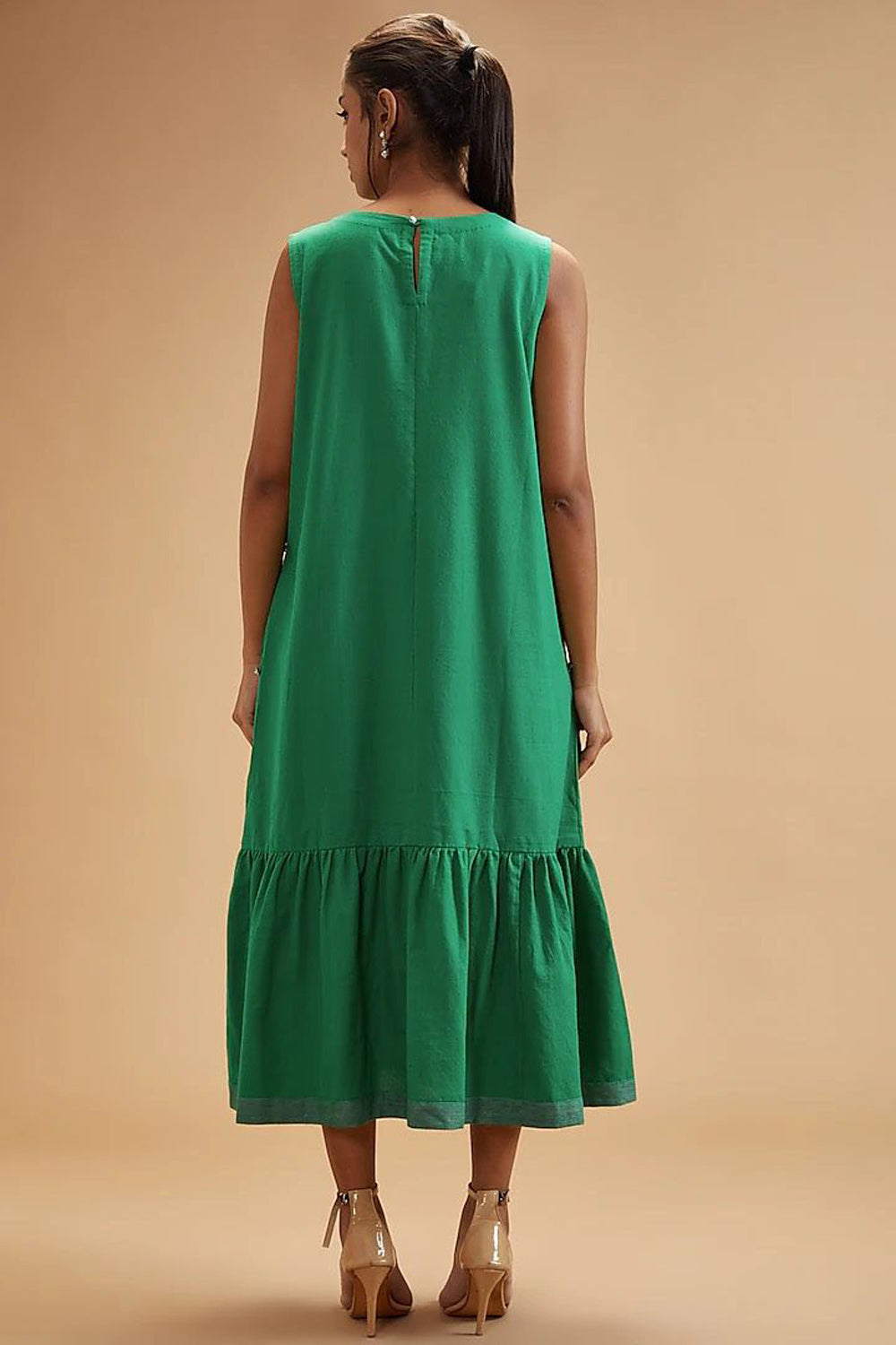 Green Handloom Cotton Solid Round Frilled Hem Dress
