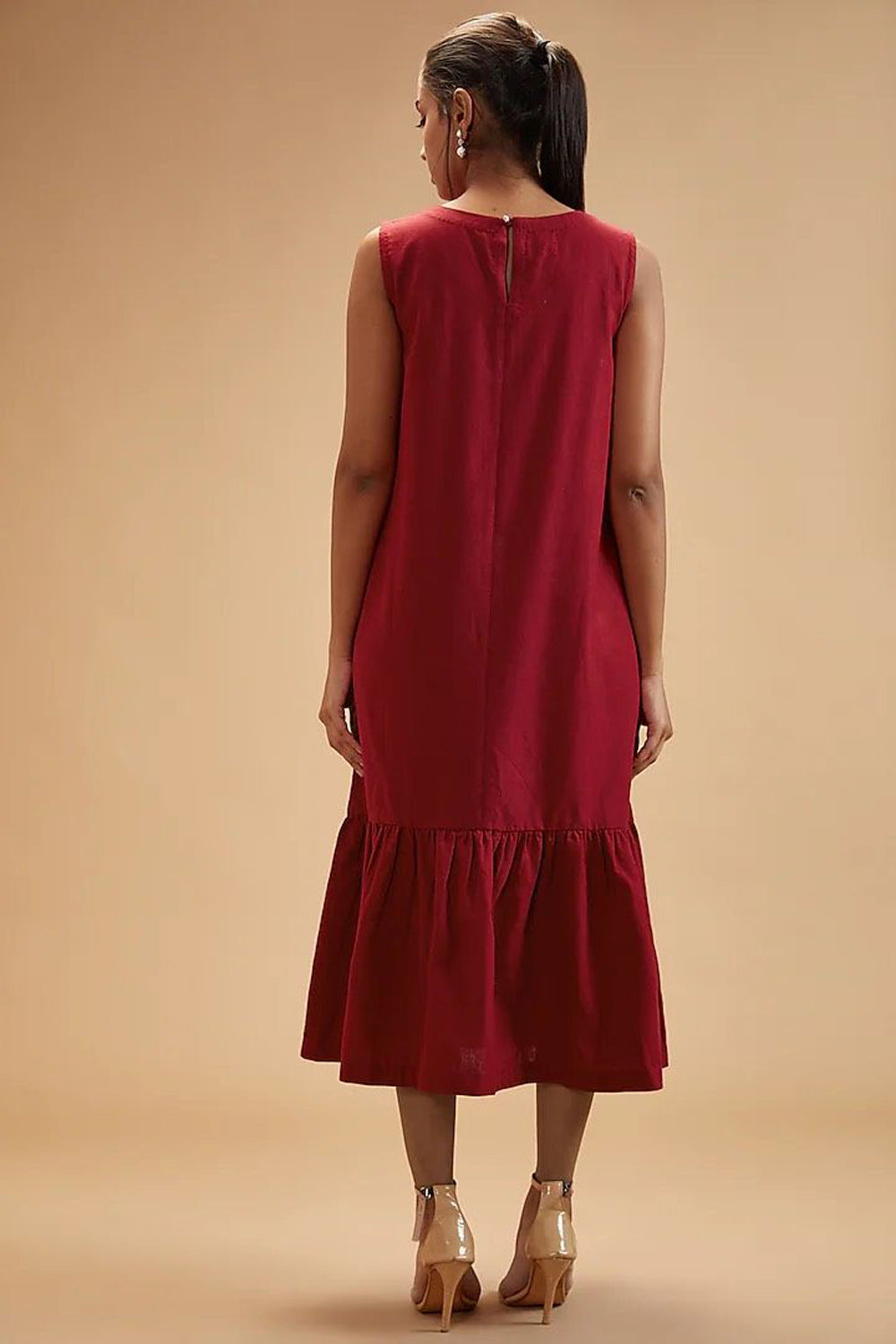 Red Handloom Cotton Plain Round Neck Dress