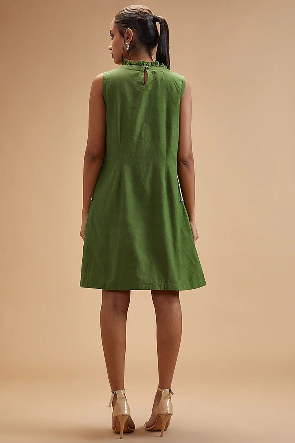 Green Handloom Cotton Plain Ruffled Neck Sleeveless Dress For Women