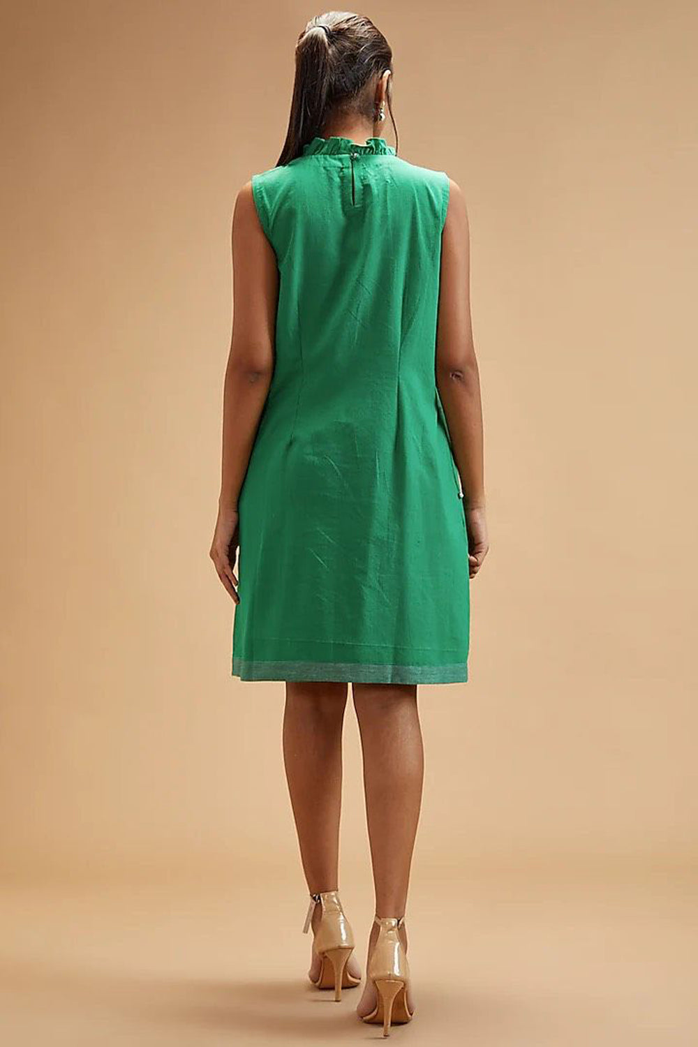 Green Handloom Cotton Solid Pleated Dress