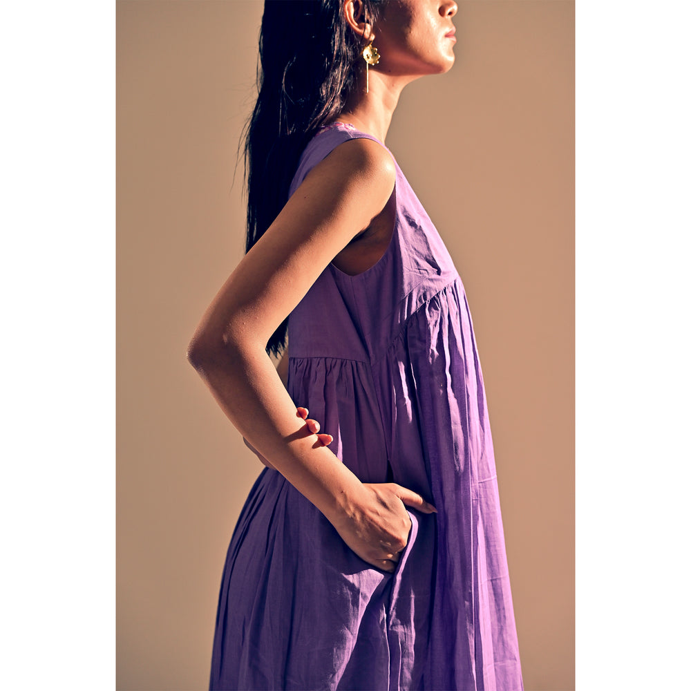 Lavender Cotton Placed Embroidered Neck Dress