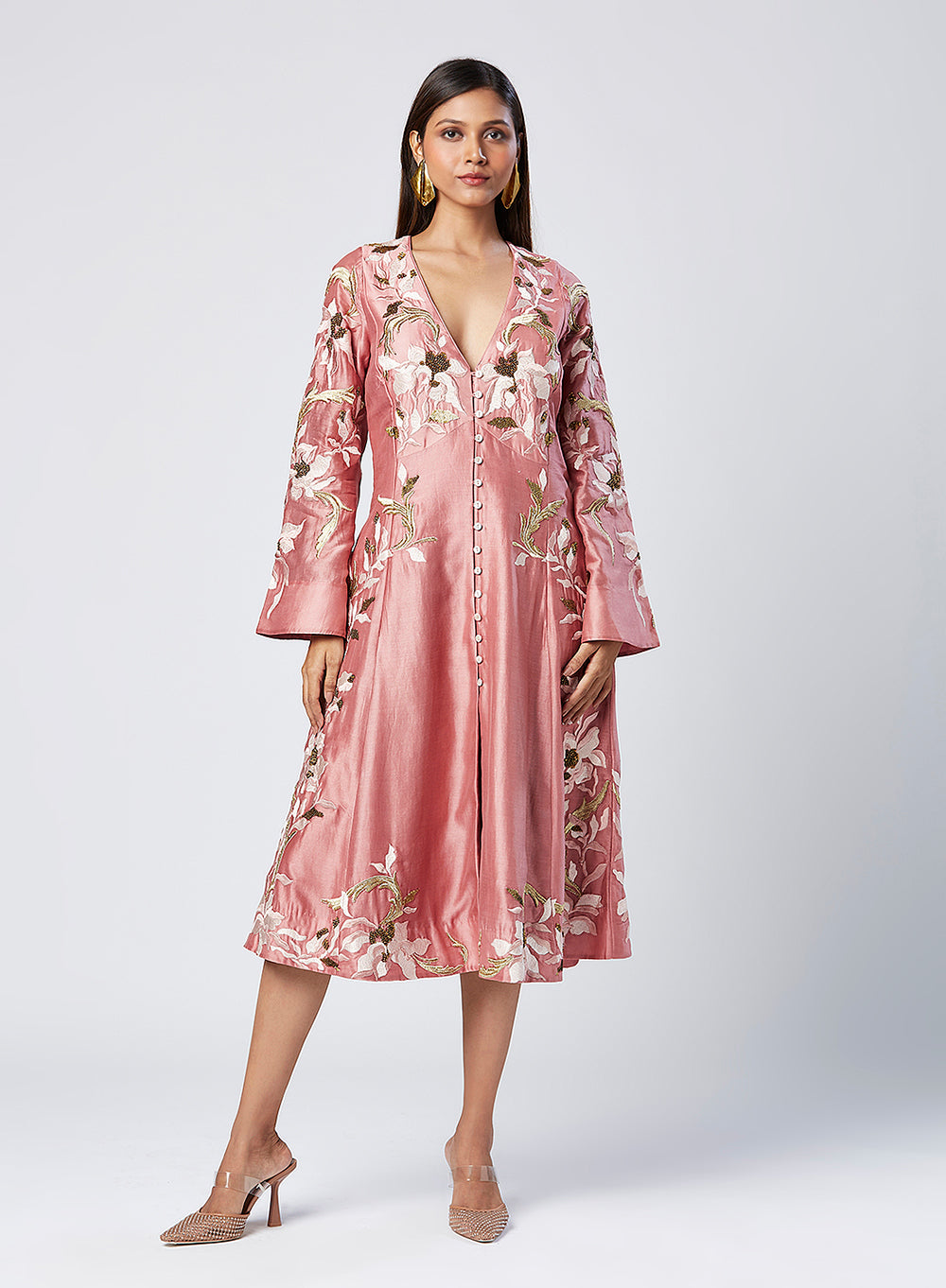 Embroidered Bell Sleeves Midi Dress