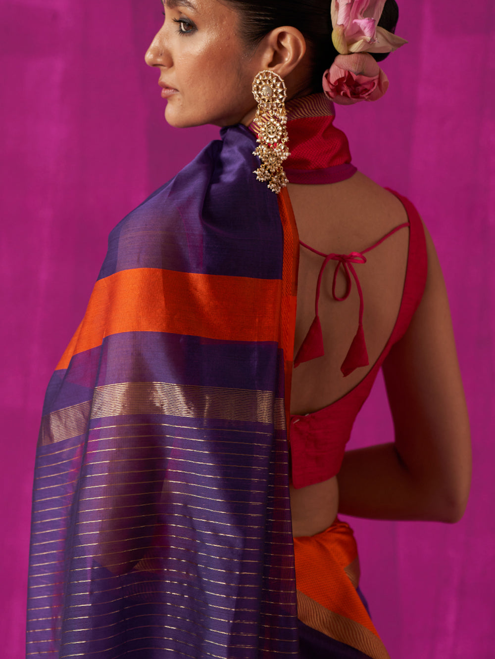 Purple Orange Resham Border Gold Stripes On Pallu Saree