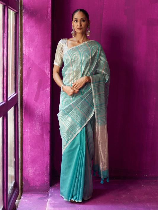 Turquoise Asymetric Silver Zari Stripe Saree