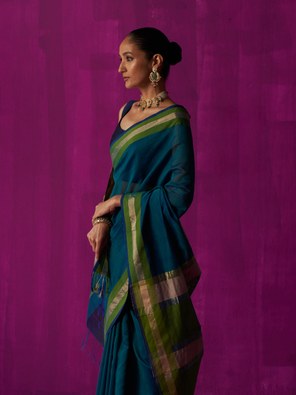 Teal Contrast Colour Blocking Saree