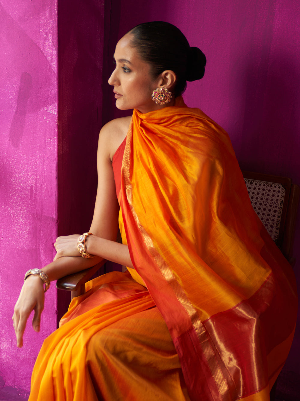 Orange Colour Block Pallu Saree