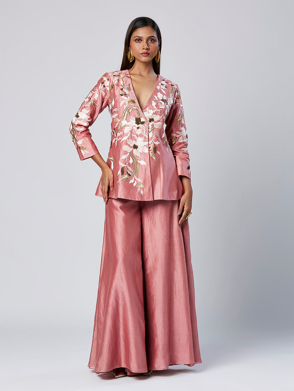 Embroidered Peplum Shirt And Flared Pant Set