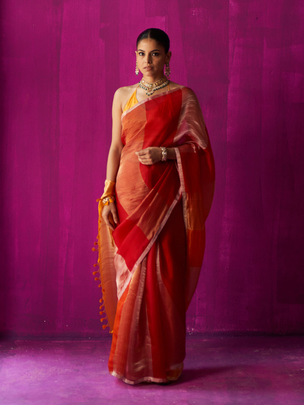 Red Gold Broad Border Silver Stripes Saree