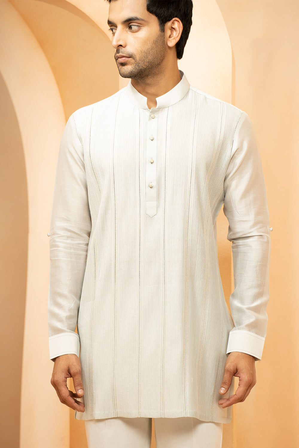 Jaquard Jacketed White & Cream Kurta Pyjama Set with Aligadhi Pants