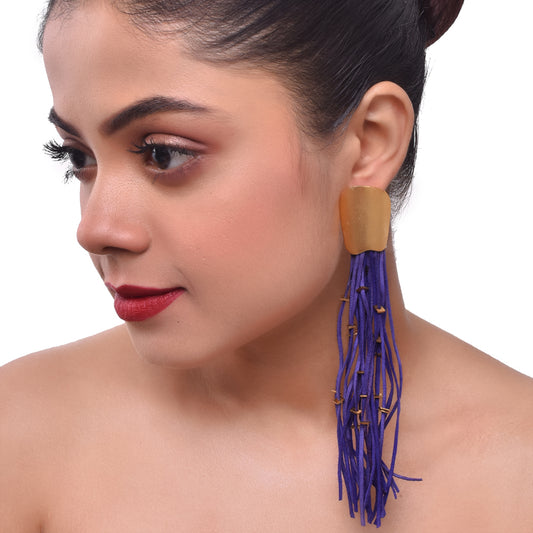 Gold Plated Leather Tasselled Long Earrings