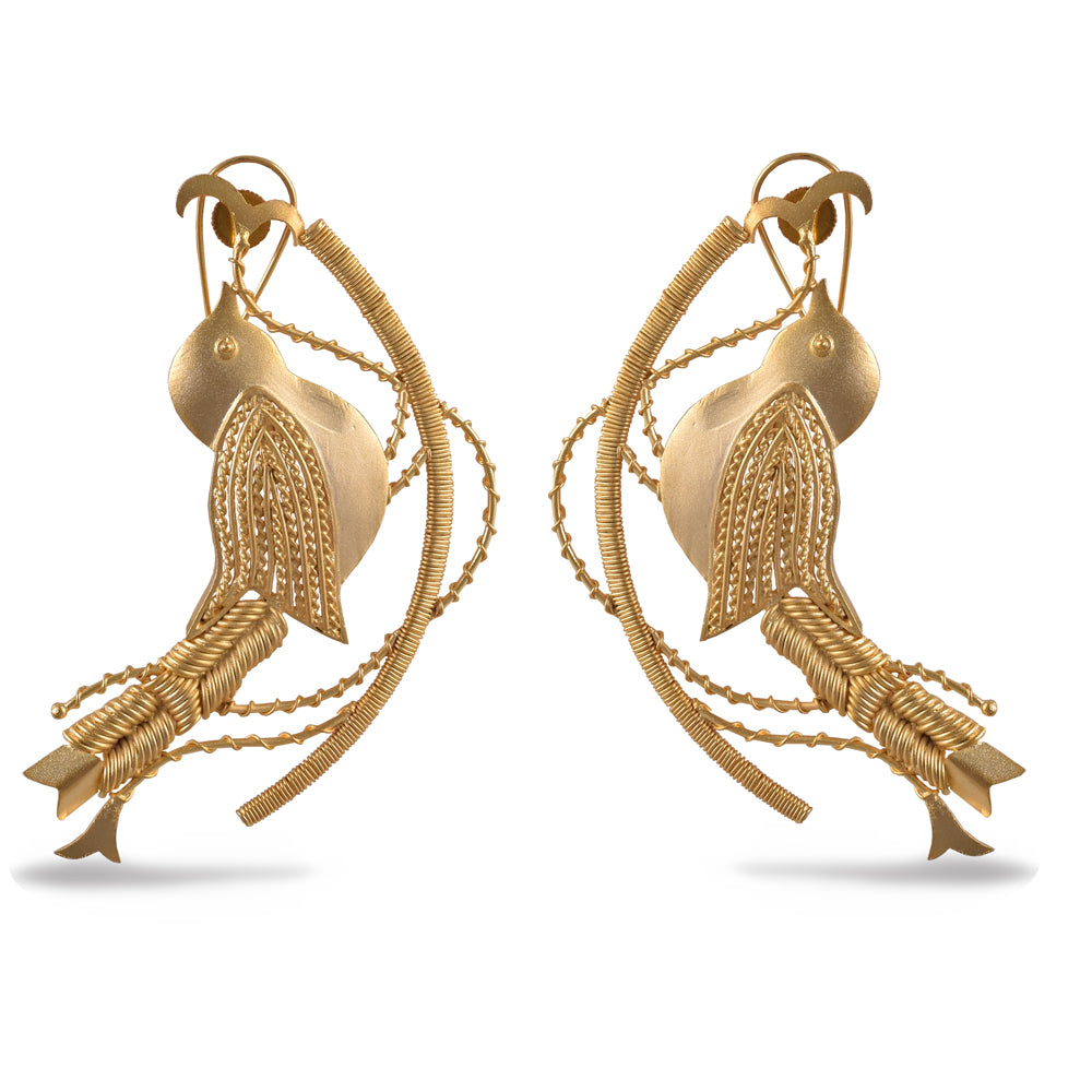 Gold Plated Carved Bird Dangler Earrings