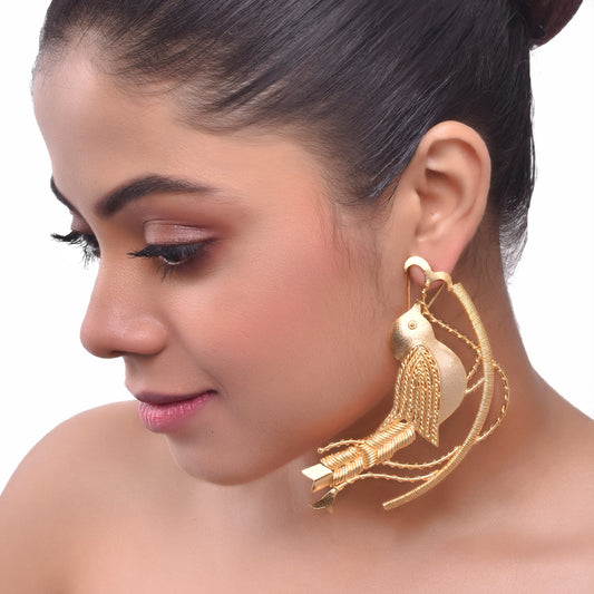Gold Plated Carved Bird Dangler Earrings