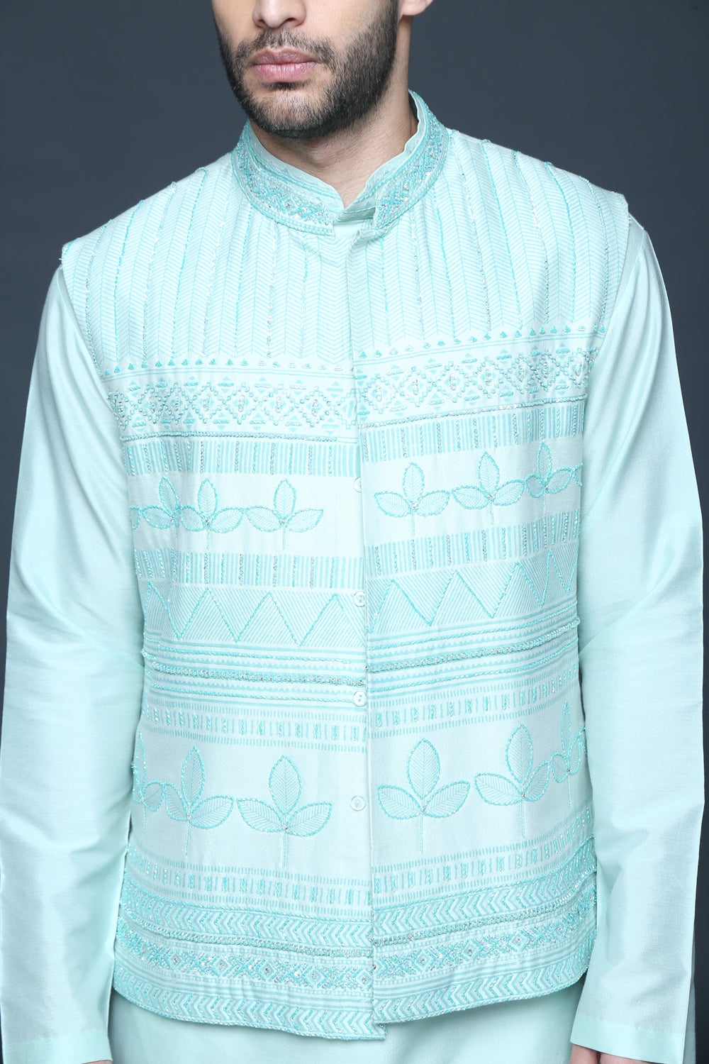 Sea Green Hand Block Printed Embroidered Bundi Kurta Set