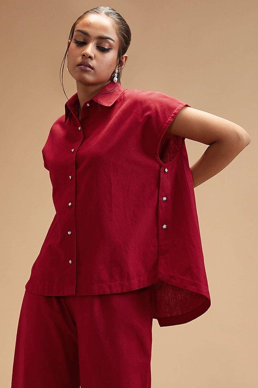 Red Handloom Cotton Solid Shirt Collar Flared