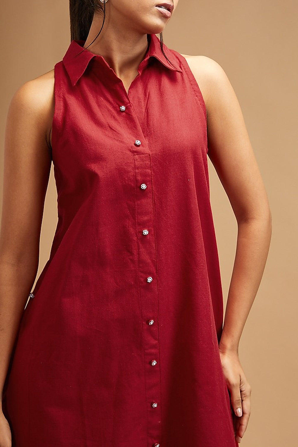 Red Handloom Cotton Plain Collared Neck Dress