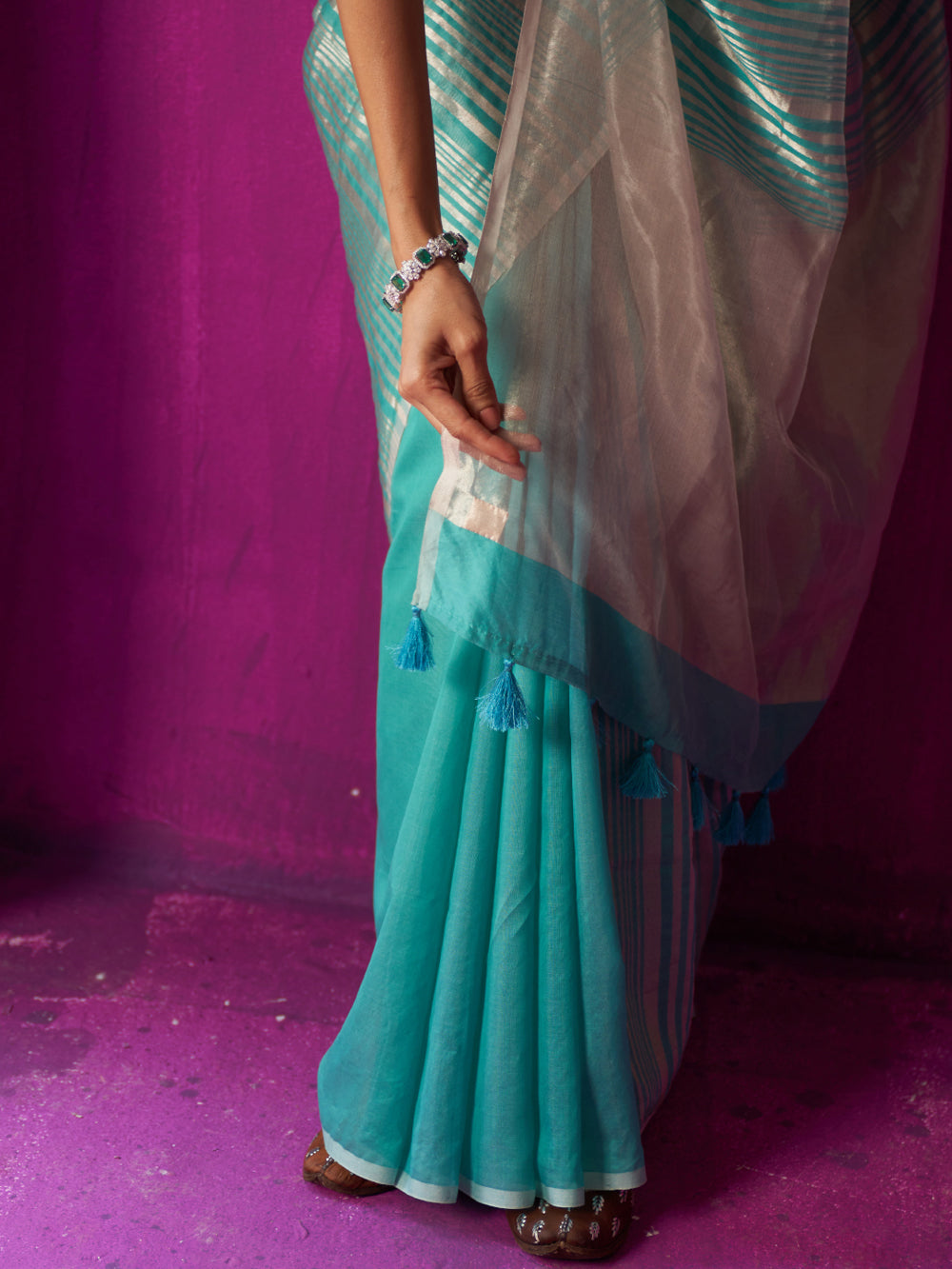 Turquoise Asymetric Silver Zari Stripe Saree