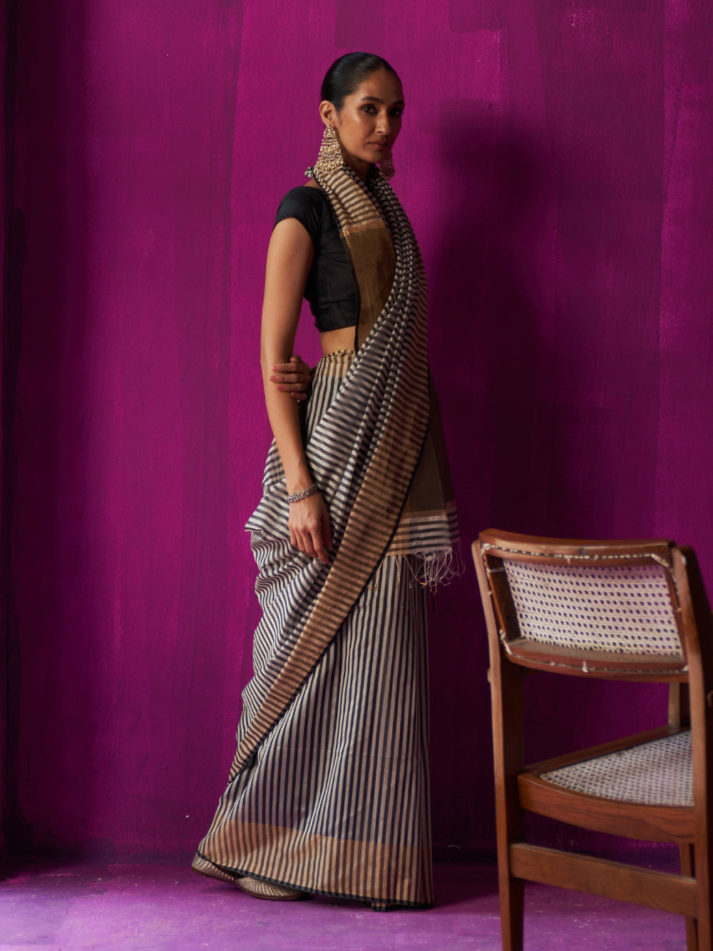 Black & White Stripes Overall With Gold Pallu Saree