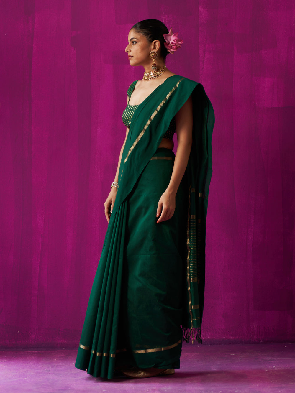 Green Gold Stripes On Pallu Saree