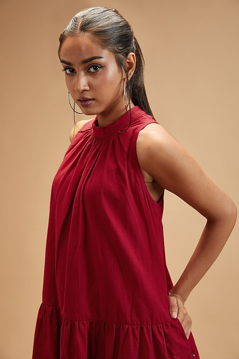 Red Handloom Cotton Solid Band Collar Tiered Dress