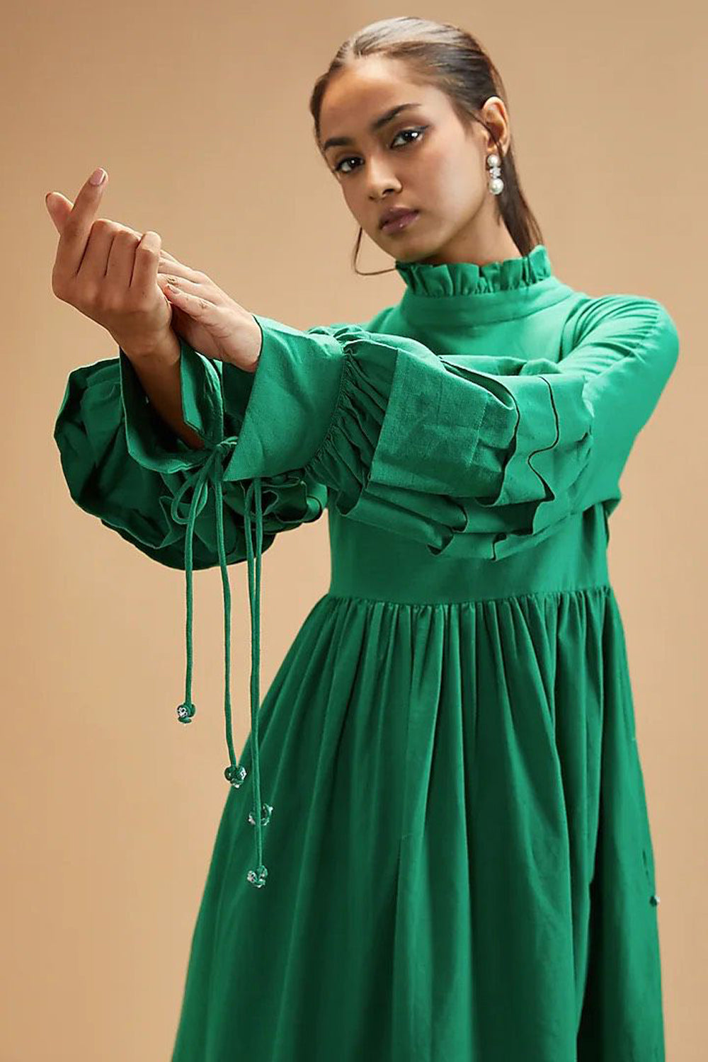 Green Handloom Cotton Solid Ruffle Puff Sleeve Dress