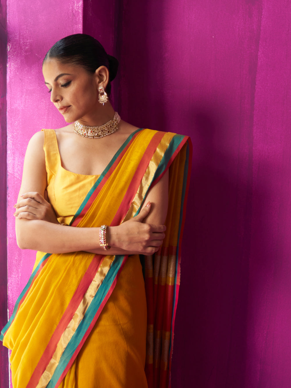 Yellow Contrast Colour Blocking Saree