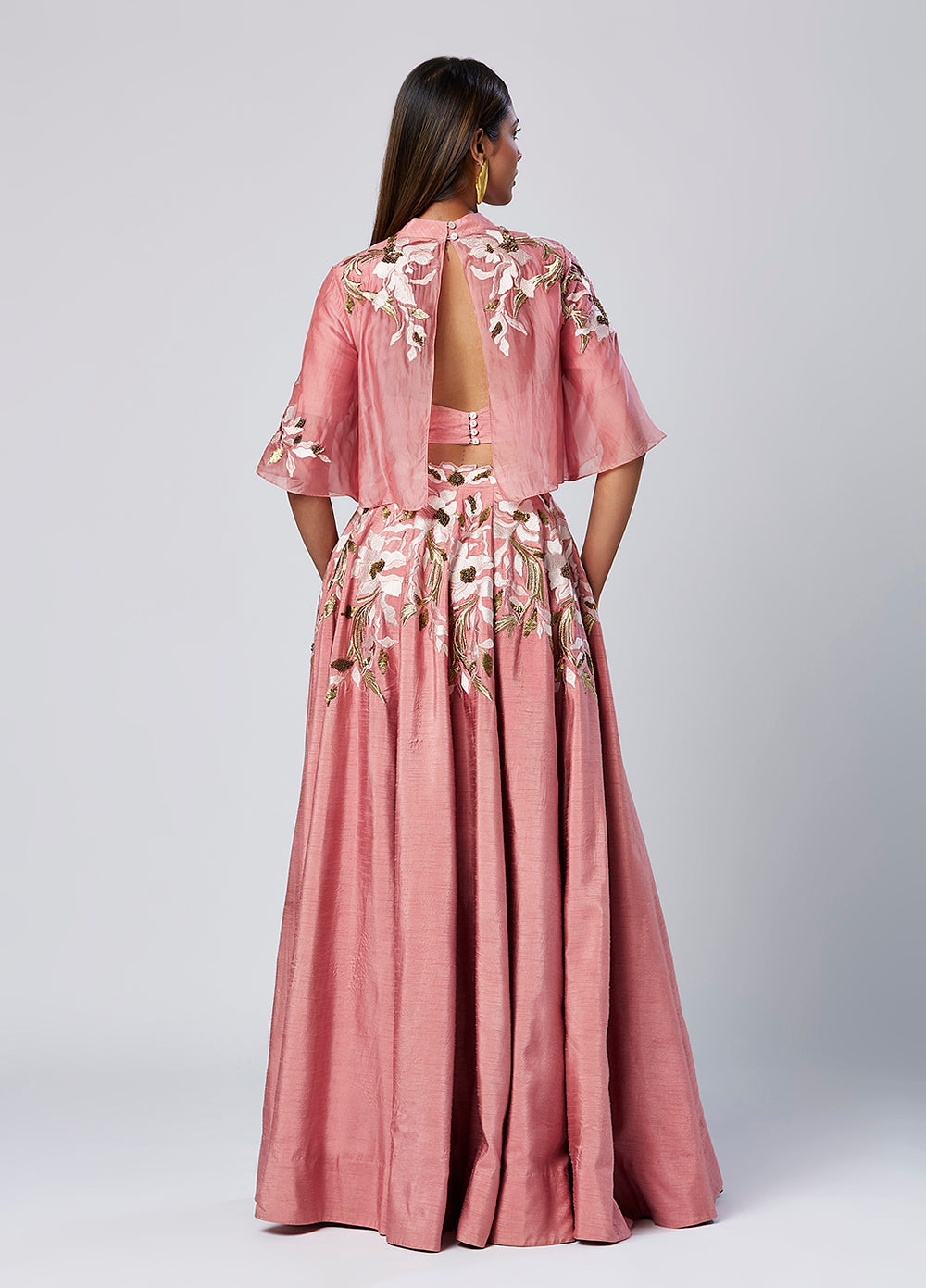 Embroidered Crop Top And Solid Panelled Skirt Set