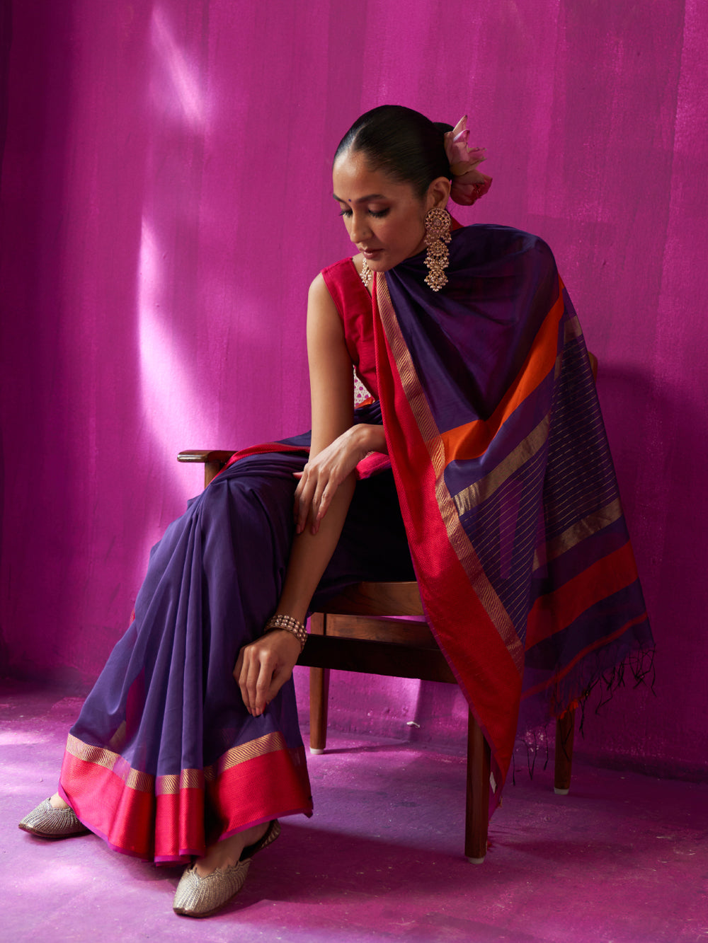 Purple Orange Resham Border Gold Stripes On Pallu Saree