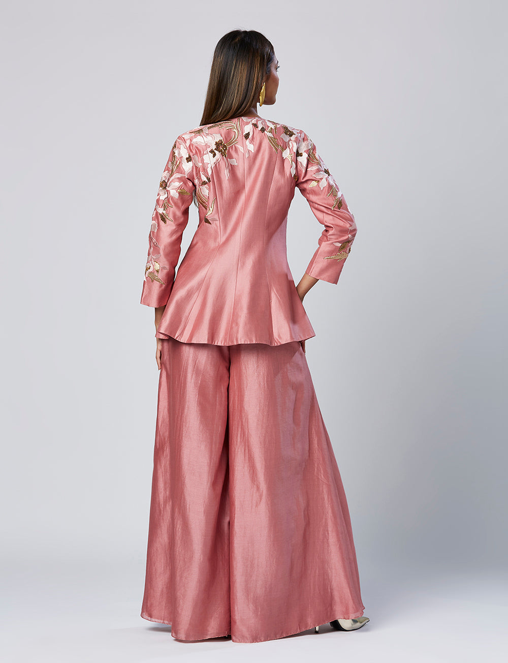 Embroidered Peplum Shirt And Flared Pant Set