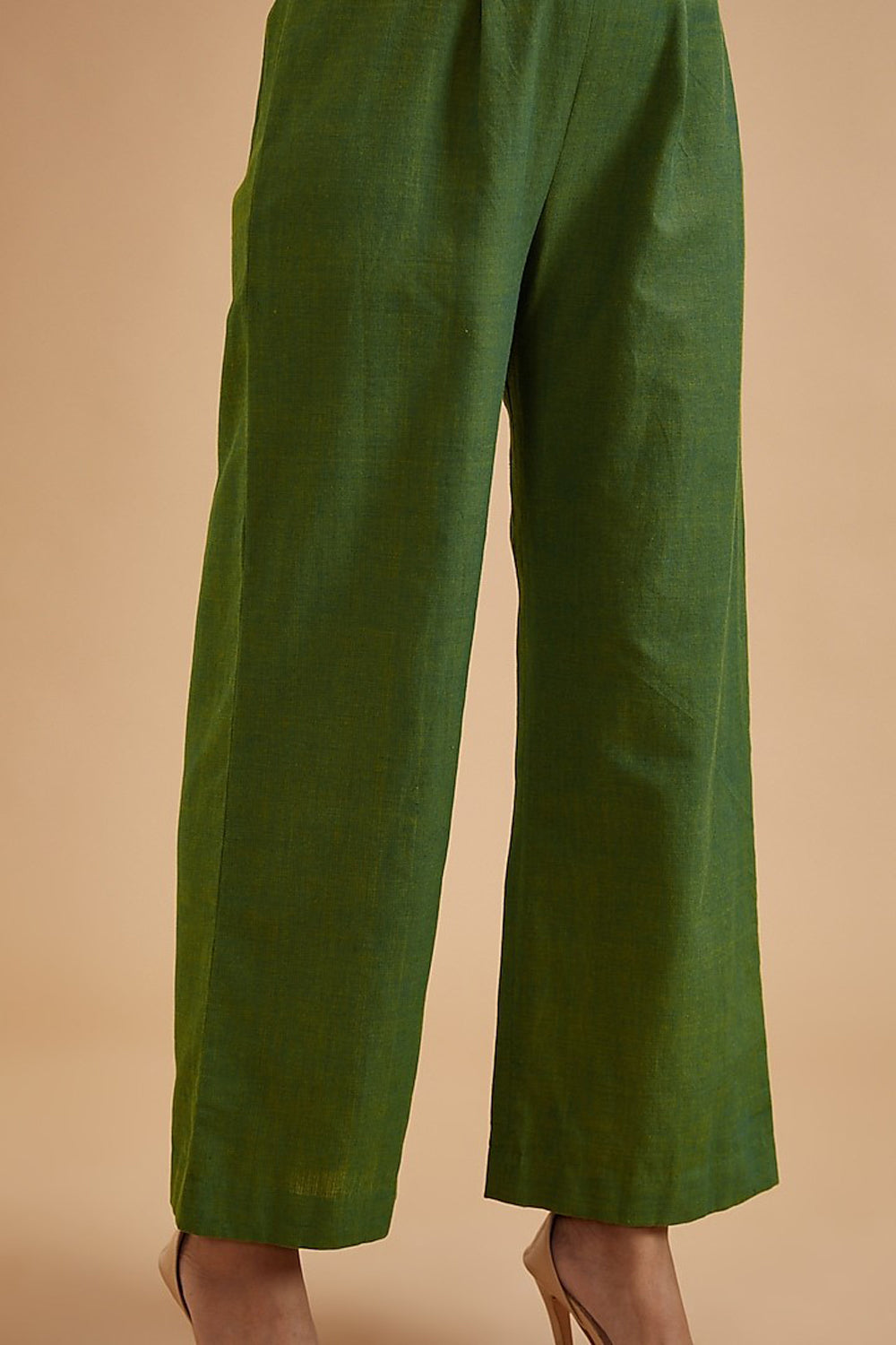 Green Handloom Cotton Solid Flared Pant