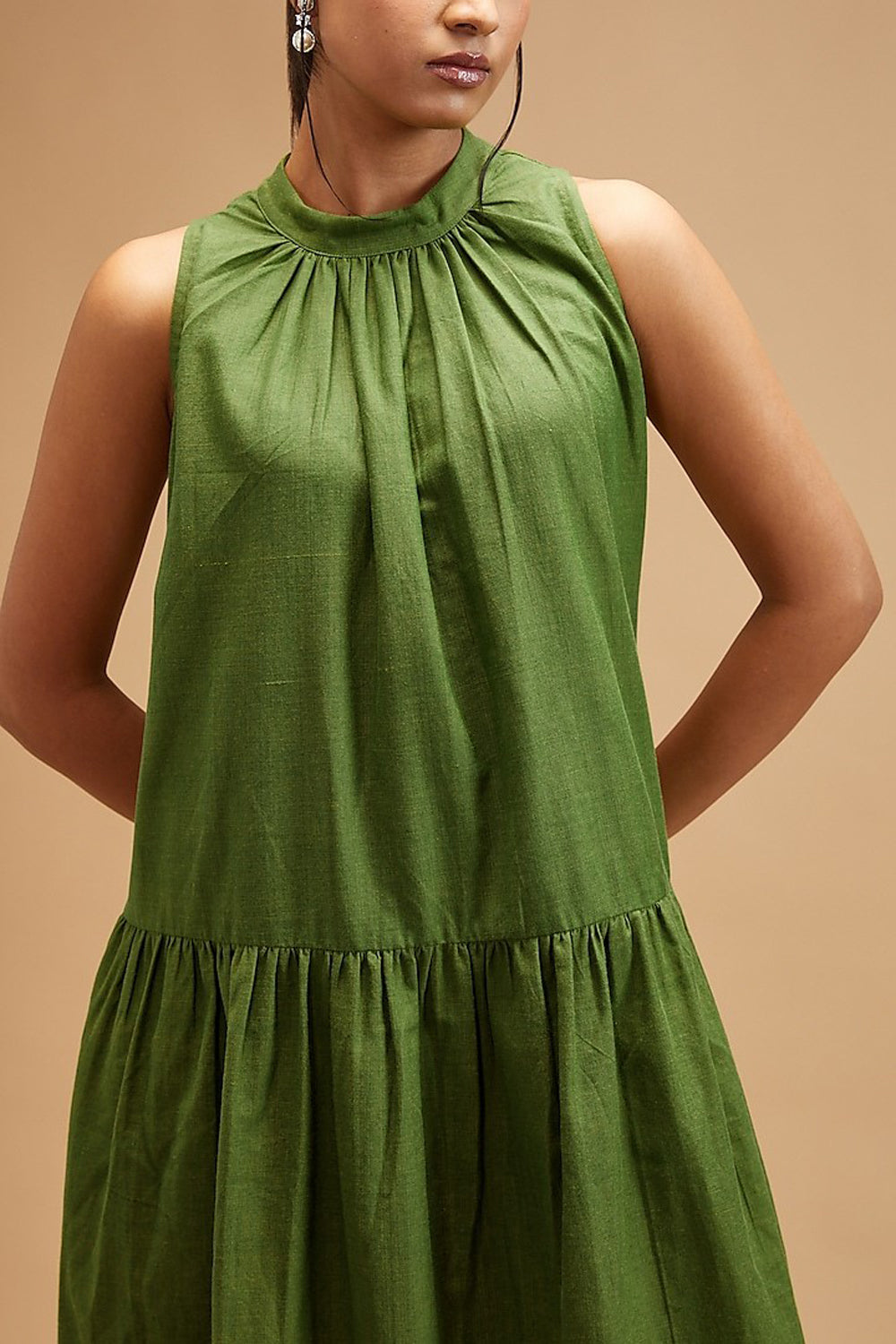 Green Handloom Cotton Solid Band Collar Tiered Dress