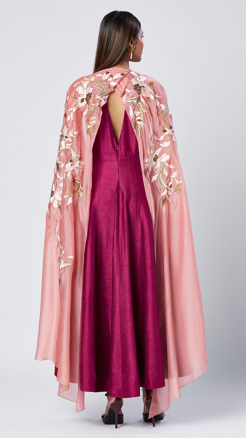 Embroidered Cape Shawl And Halter Dress  Set