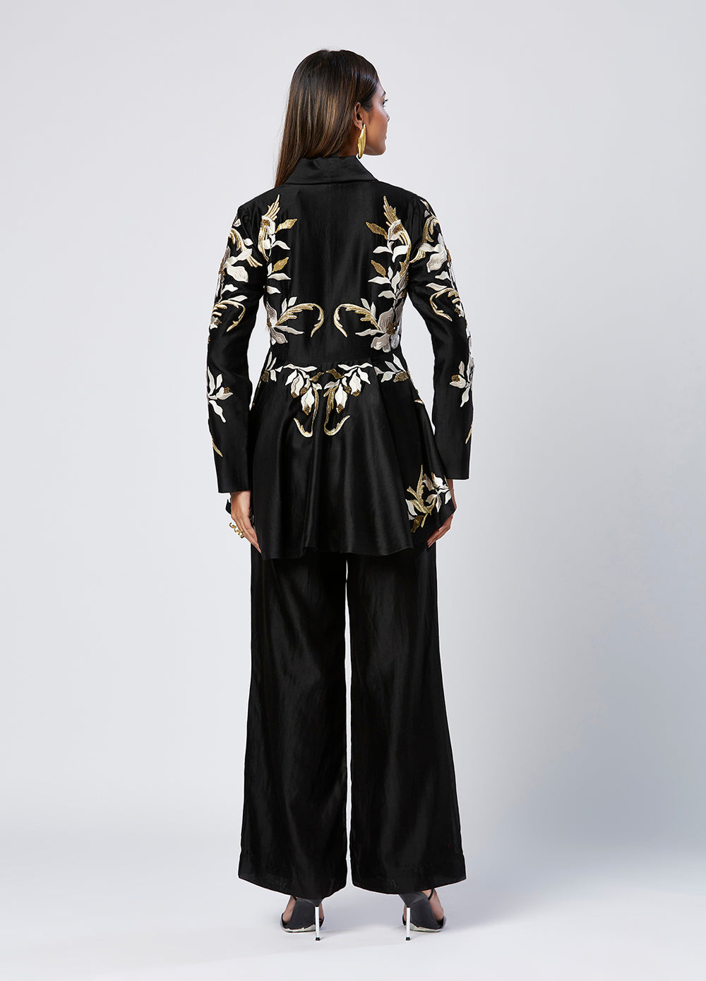 Embroidered Peplum Top And Pant Set