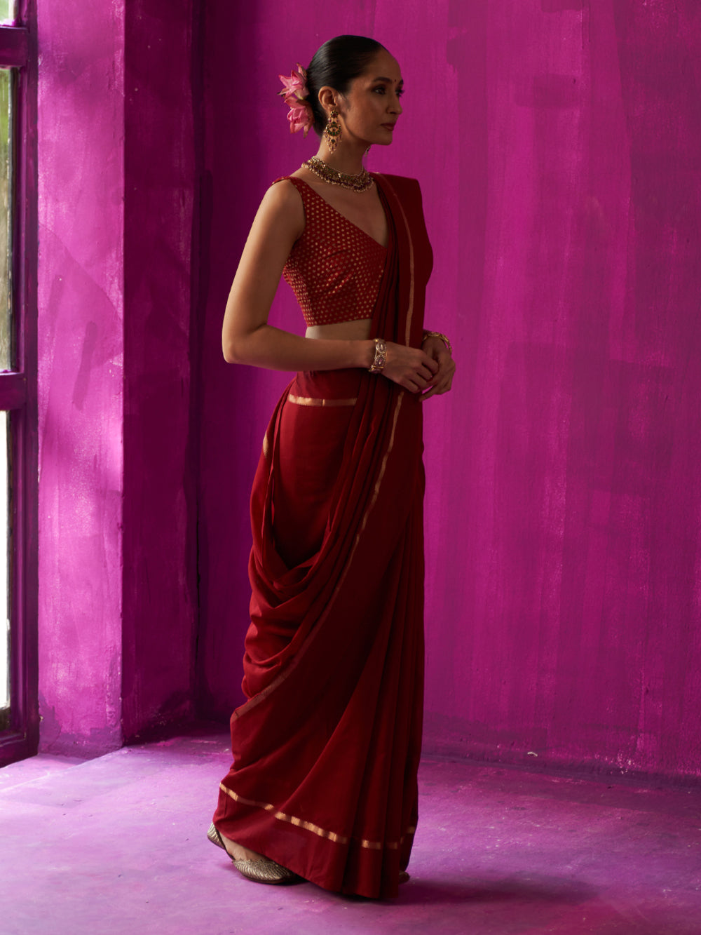 Maroon Gold Stripes On Pallu Saree